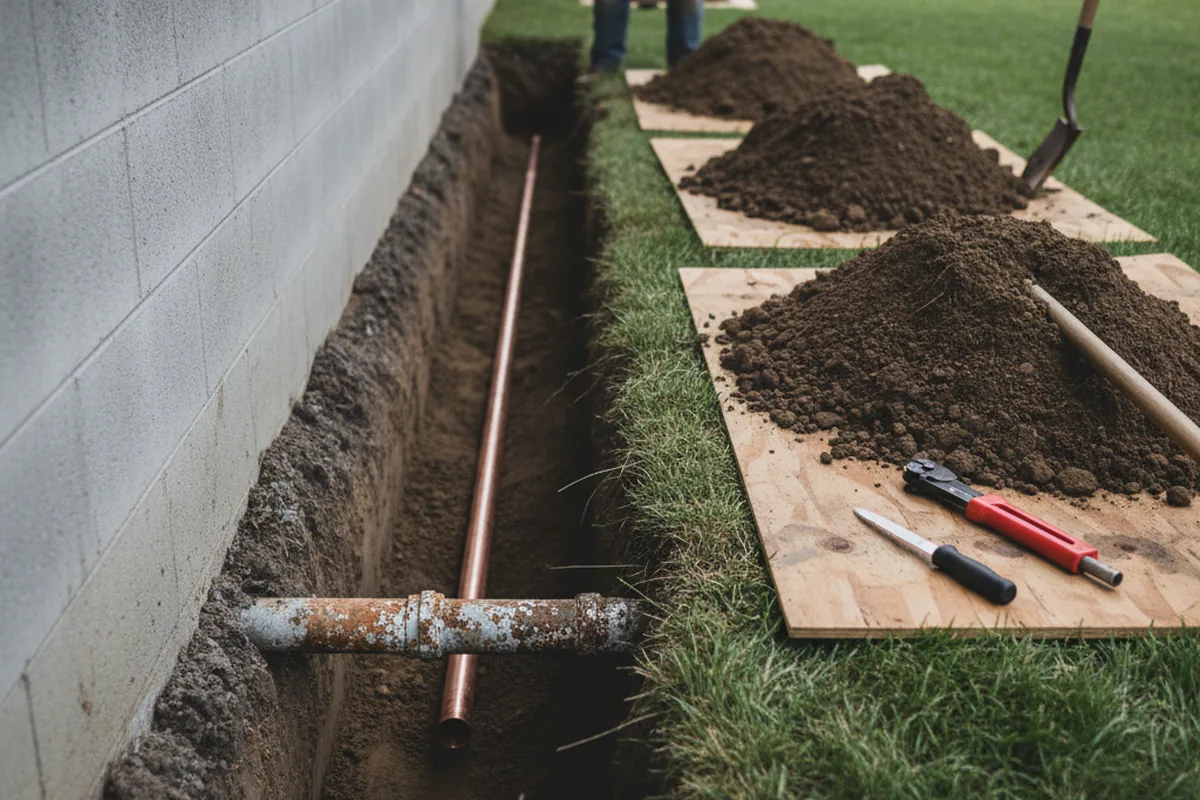 Excavated water line trench during Water Heater Repair in Hobbs
